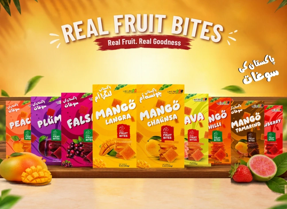 LahoreBay Fruit Bites collection arranged in a mango orchard